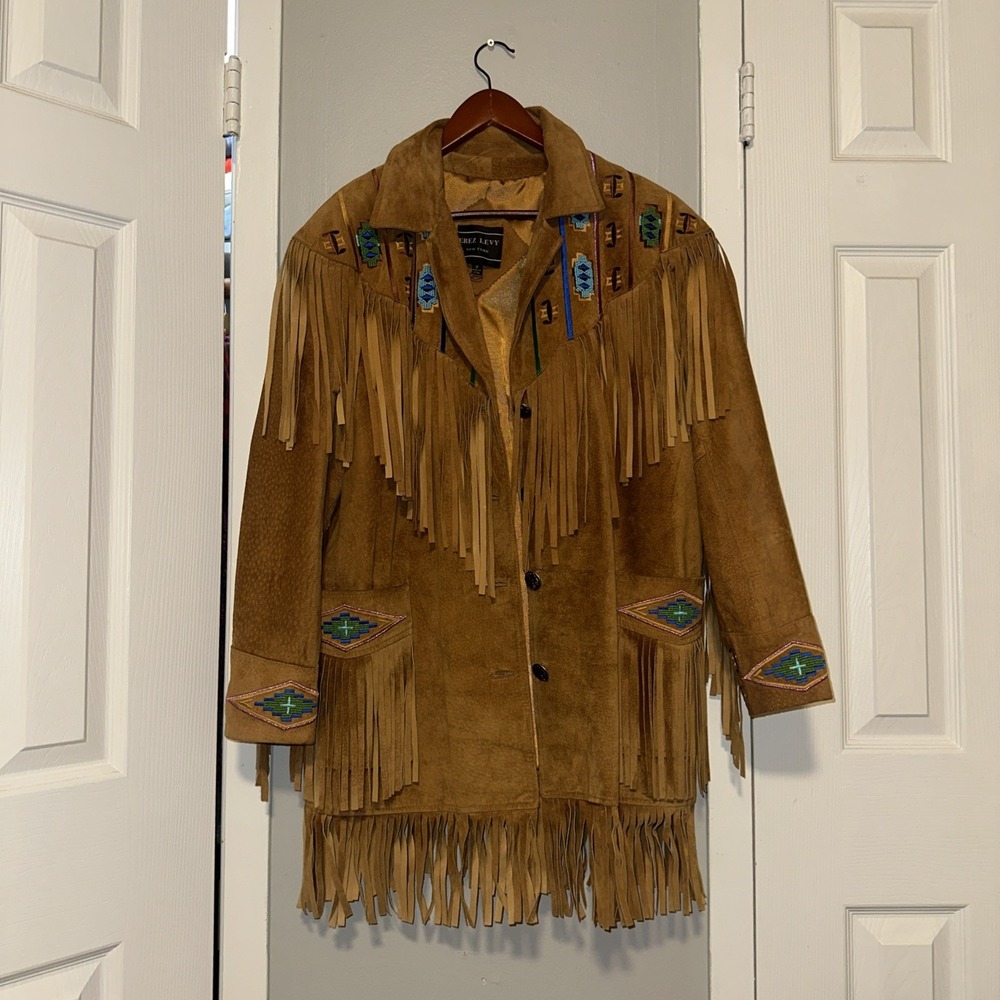 Vintage Erez Levy Brown Suede Fringe Jacket Native Core Western Embroidered Sz M